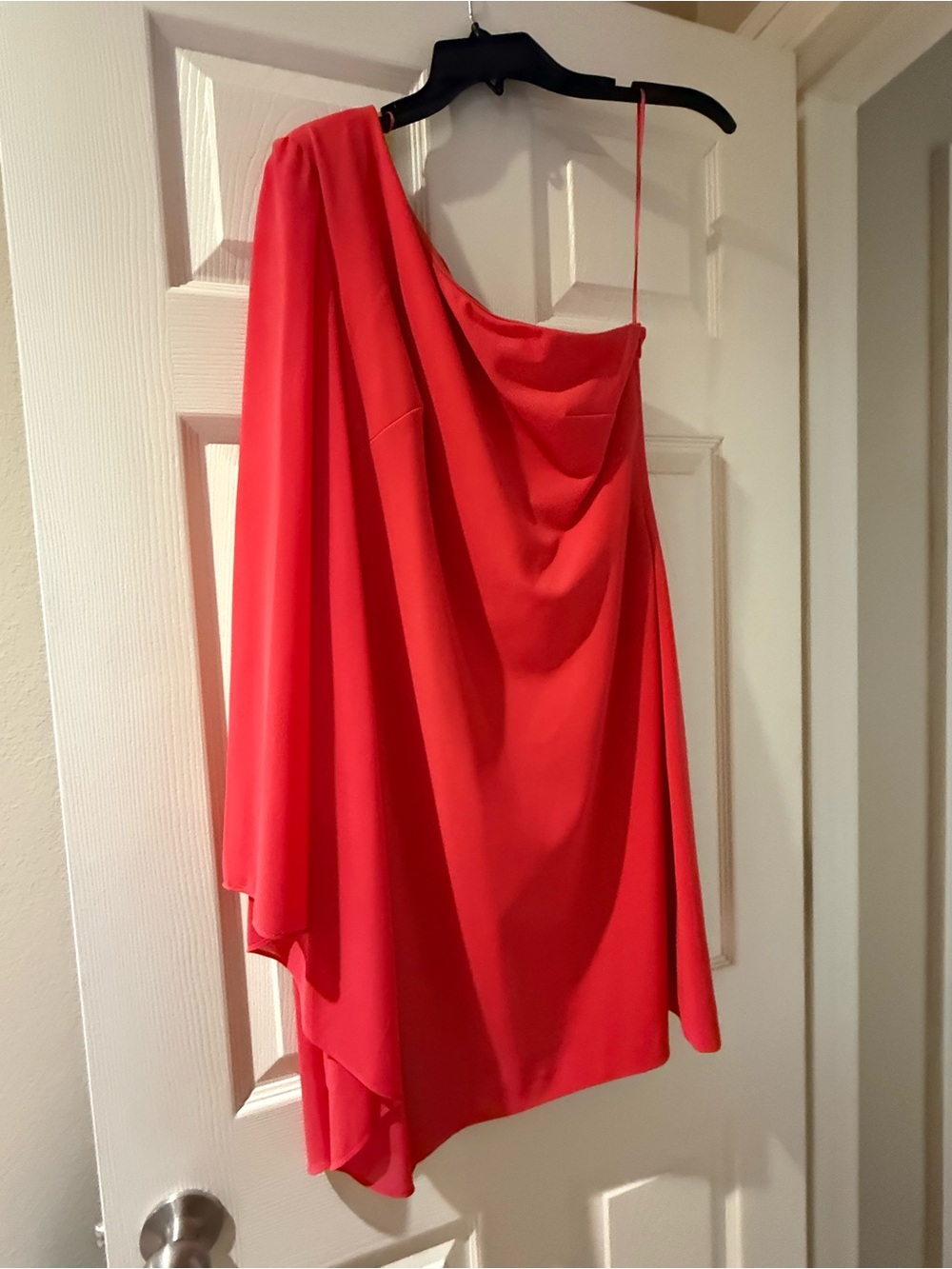 Badgley Mischka Coral-Red Asymmetrical Draped Dress
